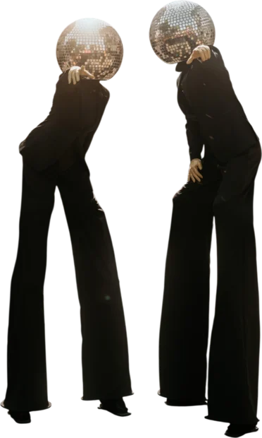 Black Suits Disco Heads Stilt Walkers