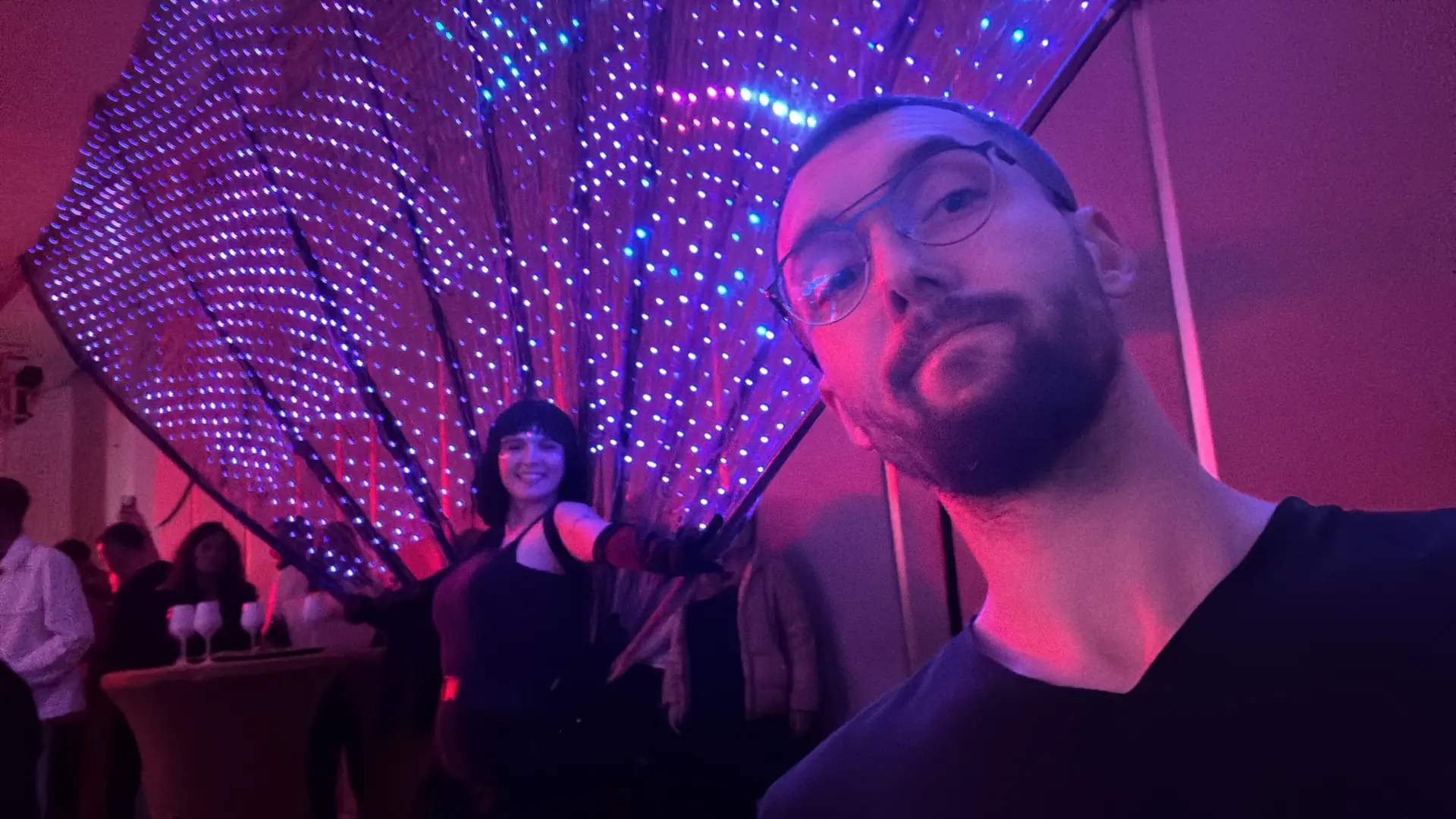 A 4.5-metre LED peacock tail, worked through the guests at RIVO Restaurant & Lounge in Oradea.